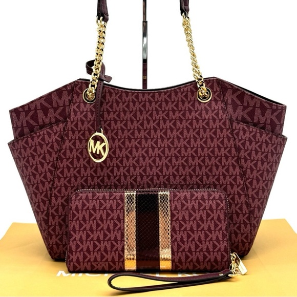 Michael Kors Large JST Chain Shoulder Bag & Large Continental Wallet Ox Blood - Picture 5 of 12